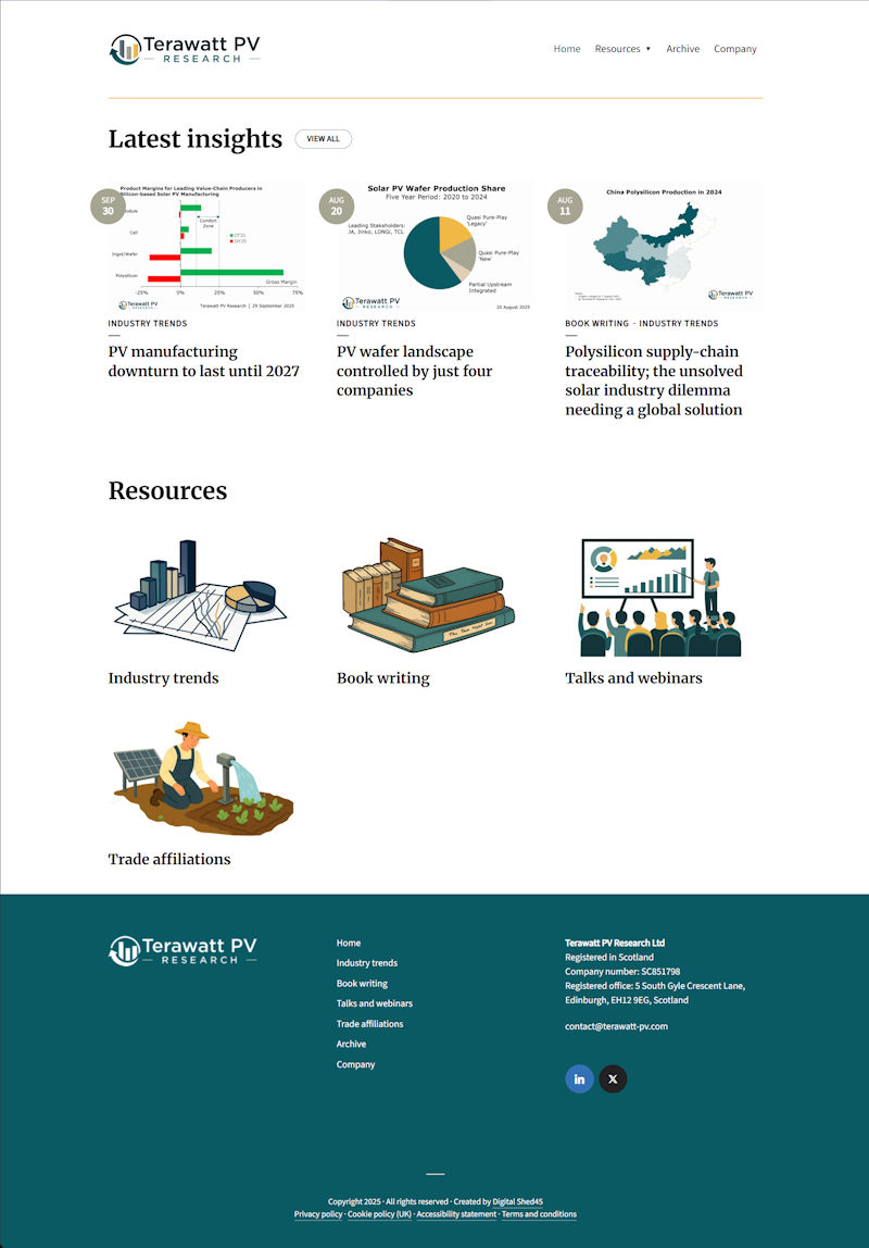 Website with three latest insights posts above four illustrations showing resources categories.